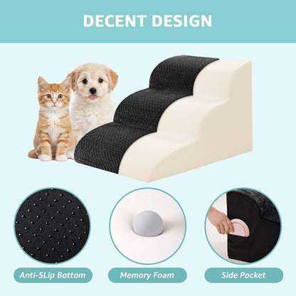 Oiilores Dog Stairs for Small Dogs 15" H, 3-Step Dog Steps Ramp for Couch Sofa and Chair with Anti-Slip Washable Cover and Durable High Density Foam, Pet Stairs for Cats, Grey