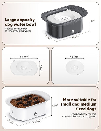 Dog Water Bowl, 2.2L No Spill Water Bowl for Dogs,with Suction Cup Foot Pad Reduce Refill, Anti Splash No Mess Dispenser Dripless Slow Drinking Water Bowl for Sloppy Messy Drinkers (Gray)