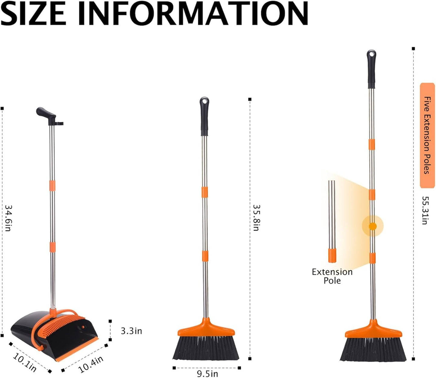 Broom and Dustpan Set with Long Handle, Light Weight Stainless Steel Poles Stand Upright Dustpans with Broom Combo for Home Kitchen Office Pet Dog Hair, Brown & Beige Color, 1-Pack
