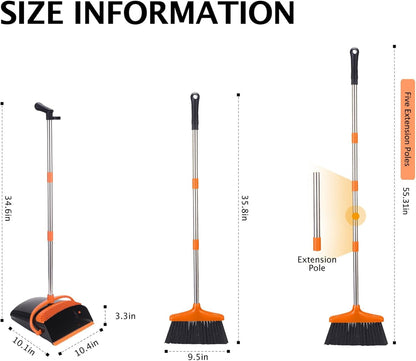 Broom and Dustpan Set with Long Handle, Light Weight Stainless Steel Poles Stand Upright Dustpans with Broom Combo for Home Kitchen Office Pet Dog Hair, Brown & Beige Color, 1-Pack
