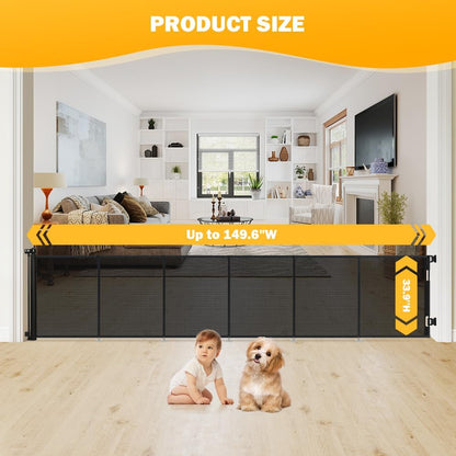 47” Extra Tall Retractable Baby Gate, Reinforced Mesh Dog Gate Extends to 71" Wide, Baby Gate for Stairs, Doorways, Hallways, Indoor and Outdoor, Black