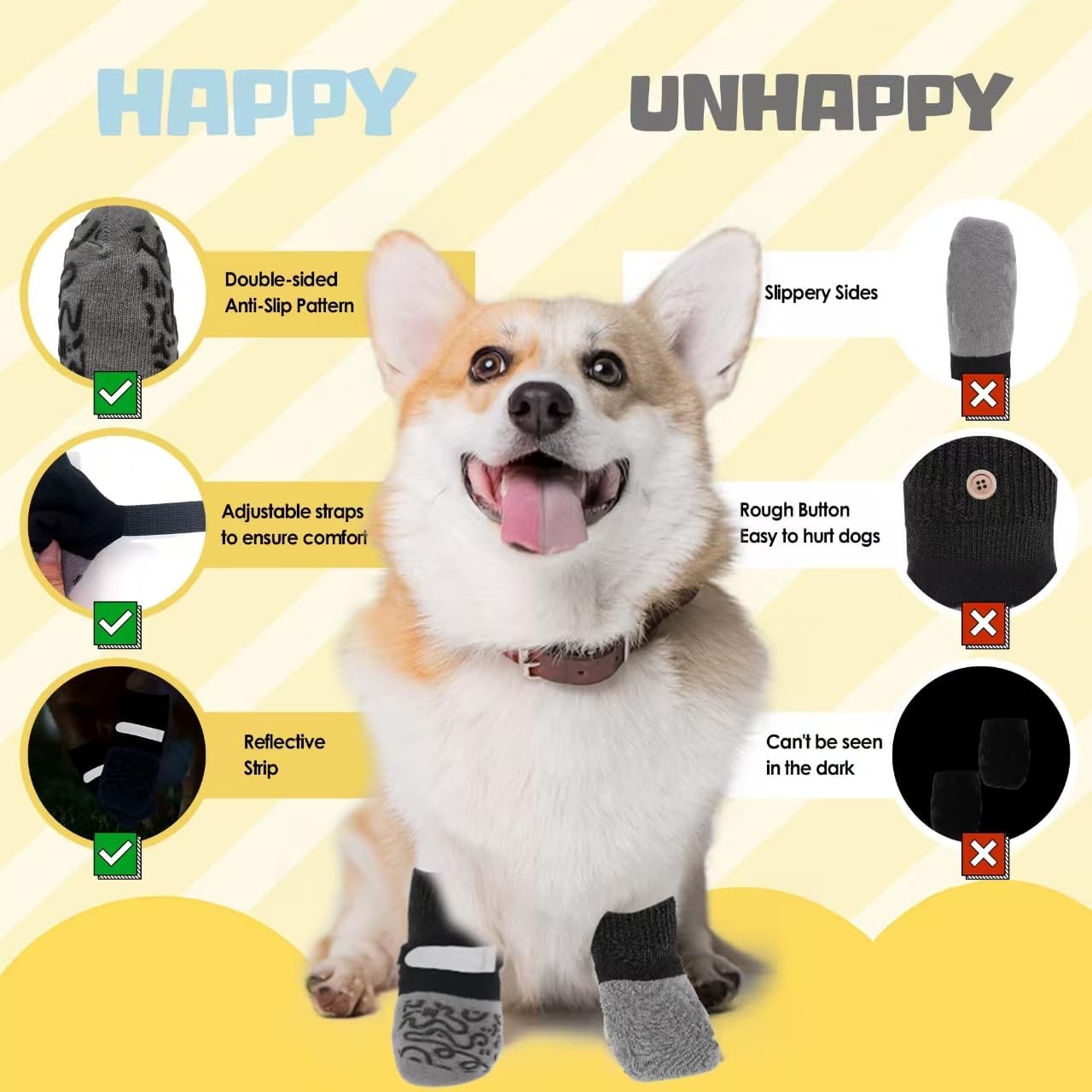6Pcs Non Slip Dog Socks for Hardwood Floors, 3rd Gen Dog Paw Protector, Prevent Licking Paws, Double Sided Grips and Reflective Straps, Large Size