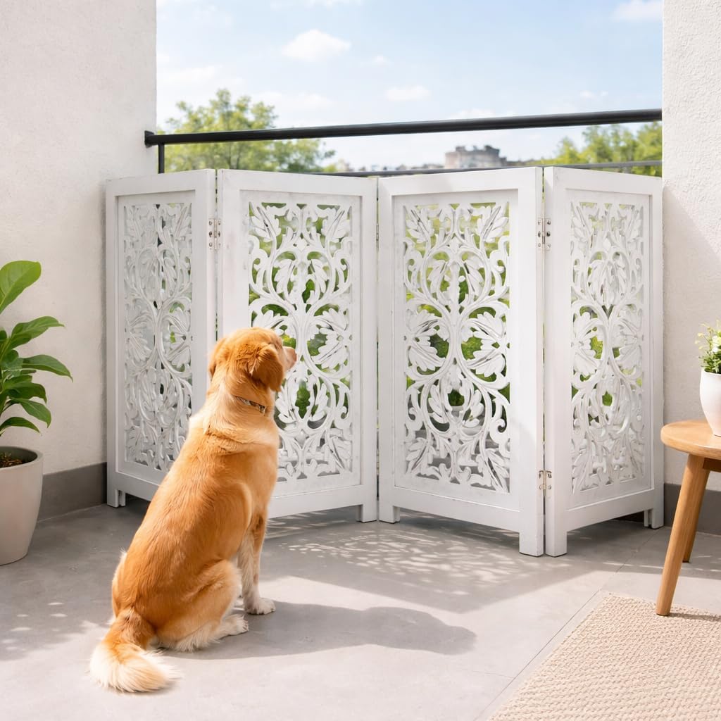 Freestanding Pet Gate for Dogs, Foldable Wooden Dog Gate for House, Indoor Dog Gate for Stair, Doorway, House Design Gates for Dogs Indoor, 72 Inch Wide, (18" x4 Panels 72 inch), Burnt Finish