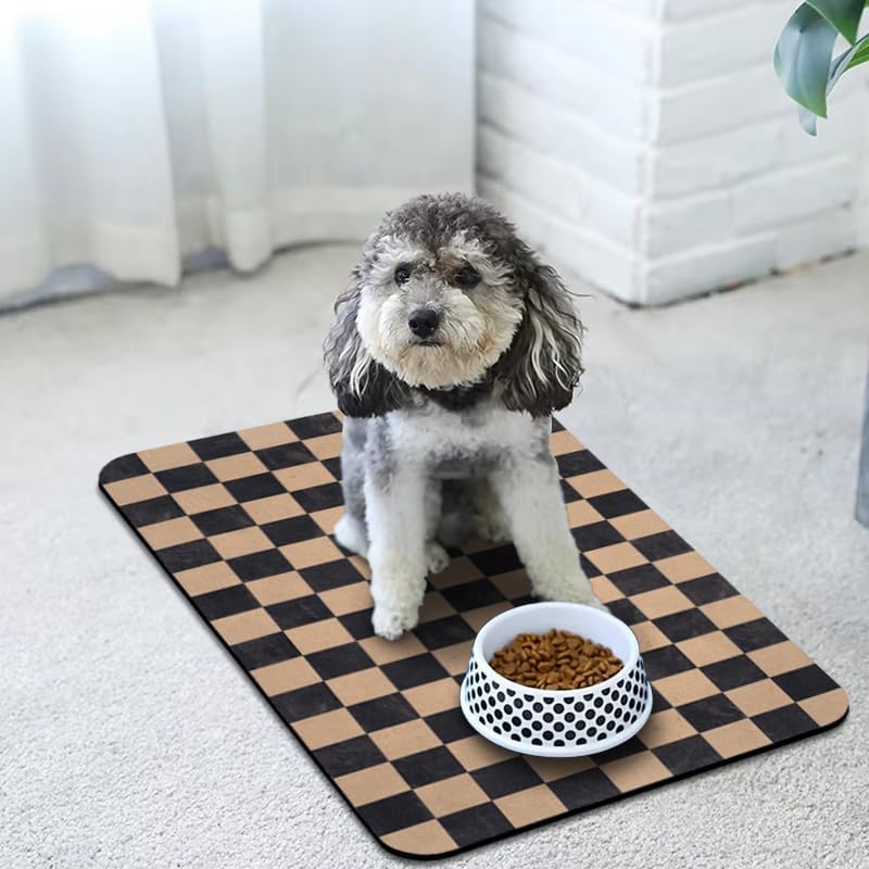 Dog Food Mats for Floors Waterproof, Pet Water Bowl Mats Pet Feeding Absorbent Placemats Plaid 12 * 20 inch