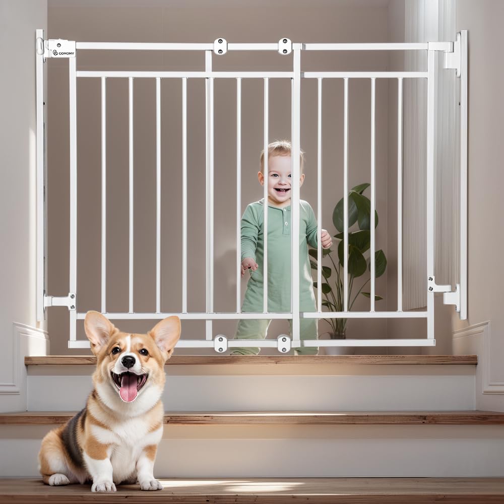 COMOMY 27.5-43" Baby Gate No Bottom Bar for Stairs and Doorways, 2-in-1 Auto Close Dog Gate Indoor for the House, Hardware Mounted Pet Gate with Large Walk Thru Door, Child Safety Gate for Dogs, Black