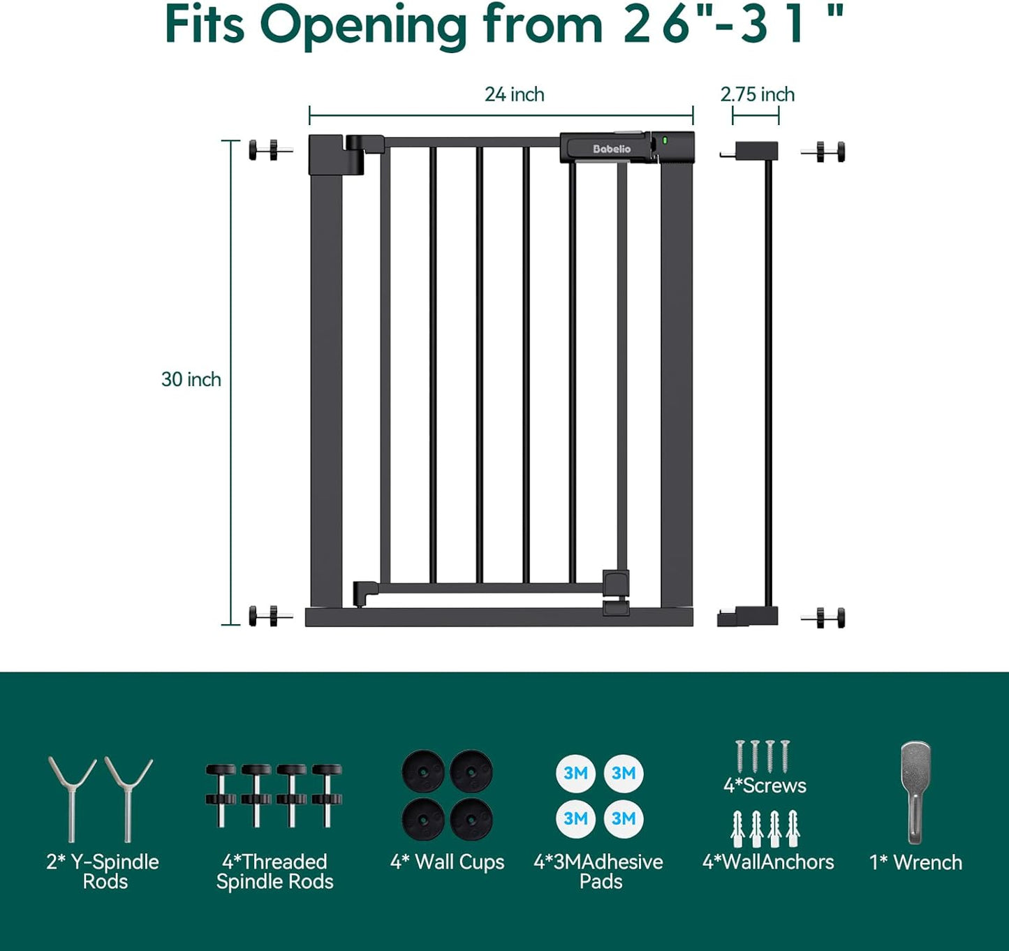 Babelio Baby Gate for Doorways and Stairs, 36-41" Pet Gate with Wide Walk Thru Door and Lock Indicator, No Drill Pressure Mounted Safety Gate with Double Lock and Self-Closing, Black