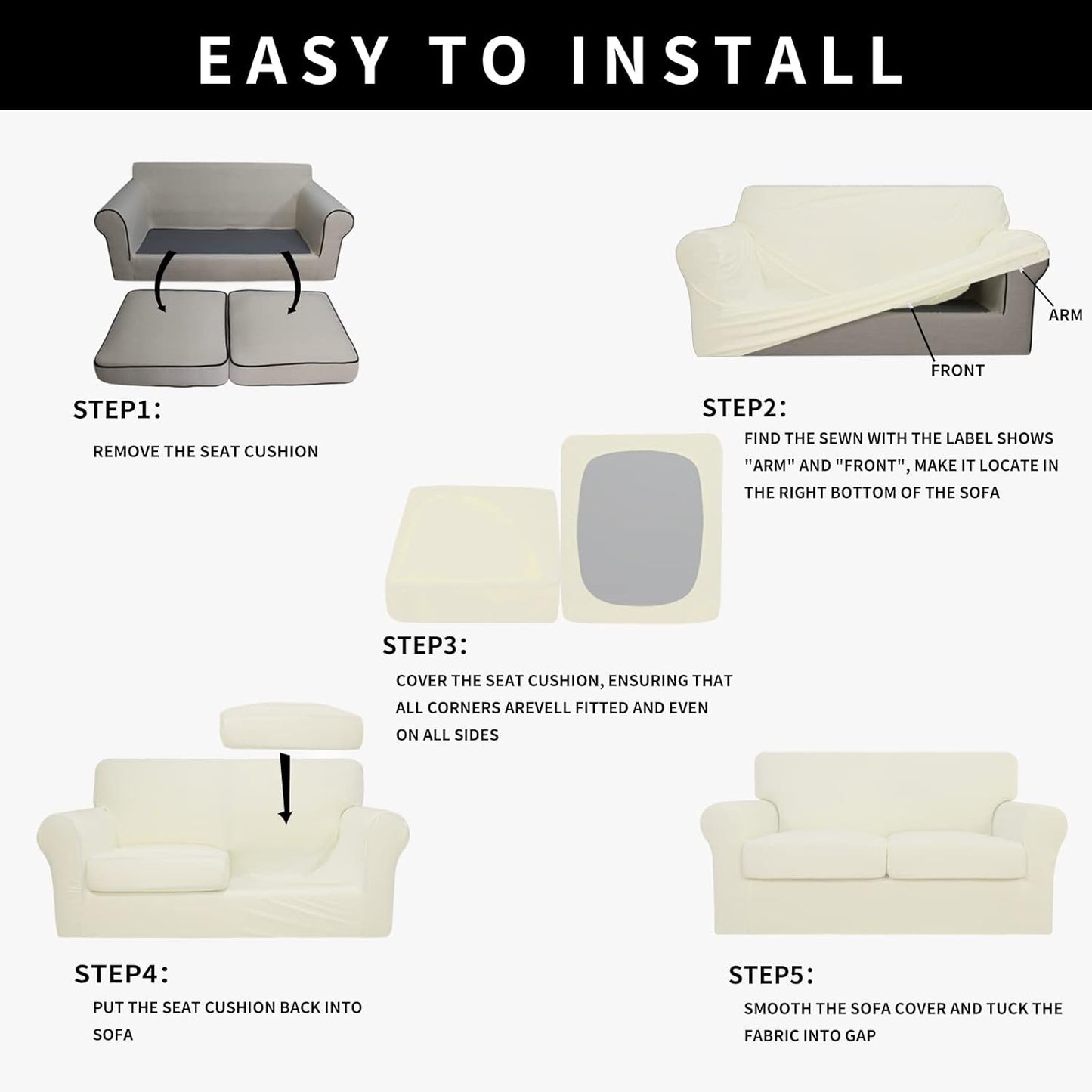 Easy-Going 100% Dual Waterproof 4 Pieces Stretch Soft Couch Cover for Dogs, Sofa Slipcover for 3 Separate Cushion Couch Leakproof Furniture Protector for Kids, Pets Dark Gray