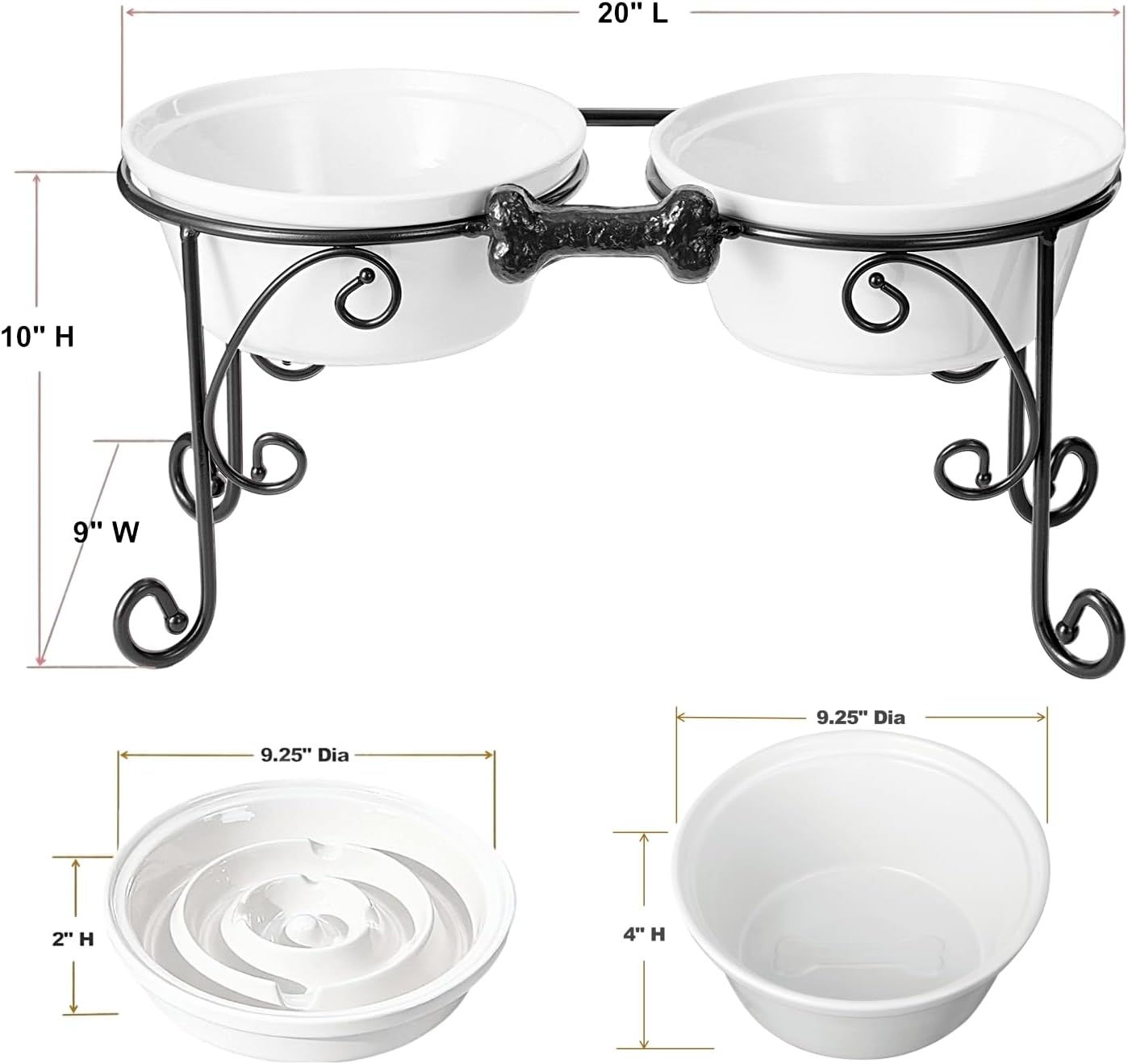 Elevated Dog Bowl Stand with 3 Large Ceramic Bowls – Raised Feeding Station for Medium & Large Dogs, Includes 2 Standard Bowls + 1 Slow Feeder, Durable Iron Frame, Non-Slip (White)