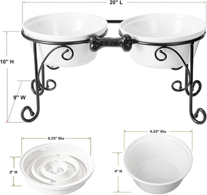 Elevated Dog Bowl Stand with 3 Large Ceramic Bowls – Raised Feeding Station for Medium & Large Dogs, Includes 2 Standard Bowls + 1 Slow Feeder, Durable Iron Frame, Non-Slip (White)
