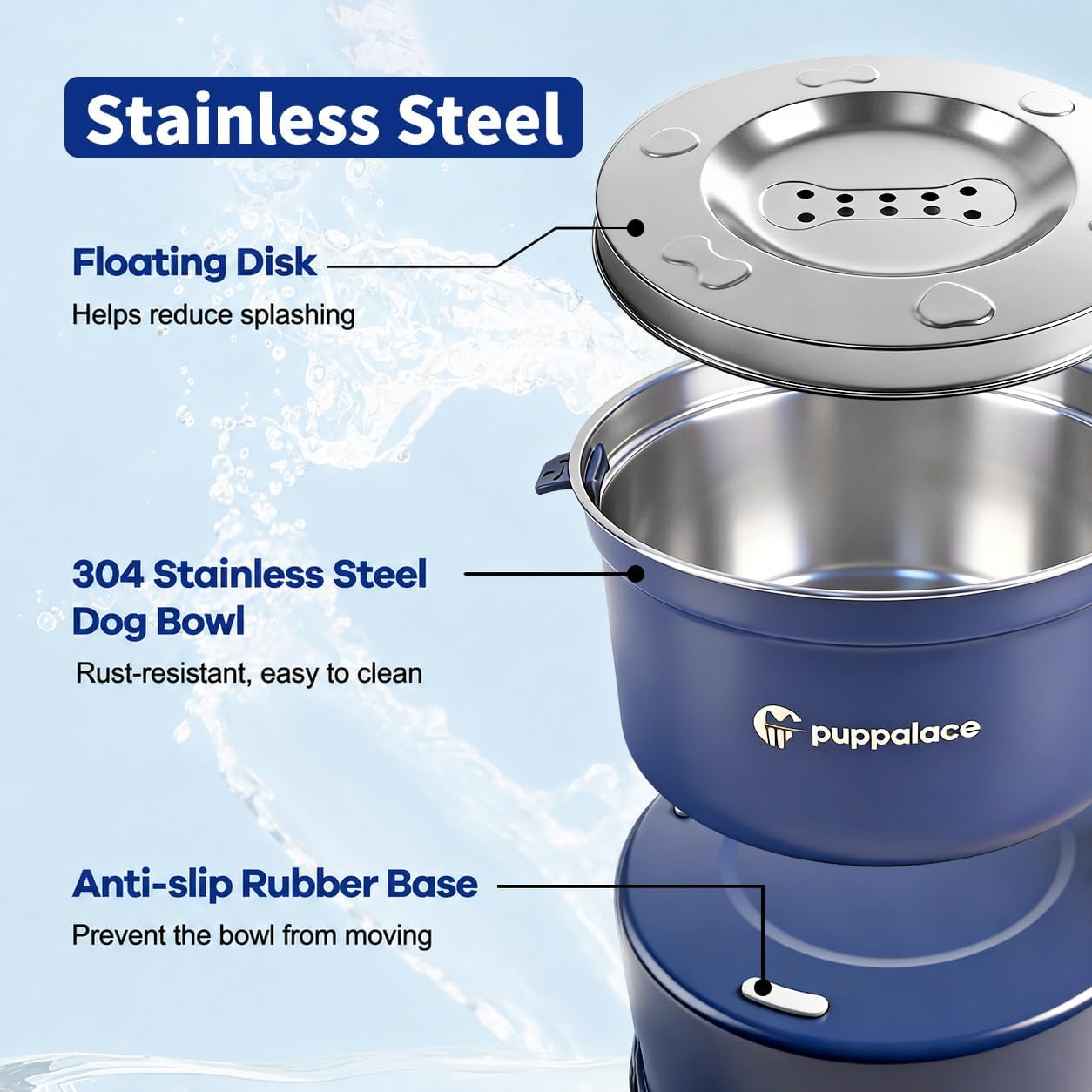 No Spill Dog Water Bowl, 3.2L/108oz Stainless Steel Slow Water Feeder with Floating Disk, Splash Proof Non-Slip Bowl for Messy Drinkers, Large Dogs and Cats, Blue