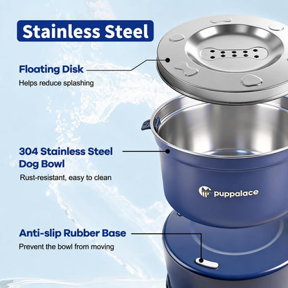 No Spill Dog Water Bowl, 3.2L/108oz Stainless Steel Slow Water Feeder with Floating Disk, Splash Proof Non-Slip Bowl for Messy Drinkers, Large Dogs and Cats, Blue