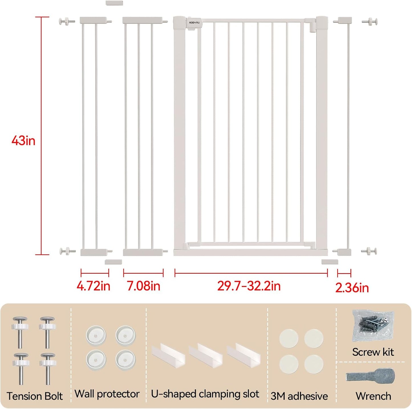 43 inch Tall Safety Dog Gate Adjustable 29.7-45.2 inch Extra-Wide Metal Pet Gate Drill-Free Pressure-Mount Installation kit Self-Closing Cat Gate for Stairwells、Doorways（White）