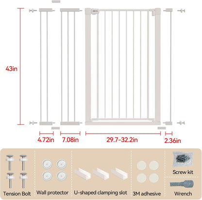 43 inch Tall Safety Dog Gate Adjustable 29.7-45.2 inch Extra-Wide Metal Pet Gate Drill-Free Pressure-Mount Installation kit Self-Closing Cat Gate for Stairwells、Doorways（White）