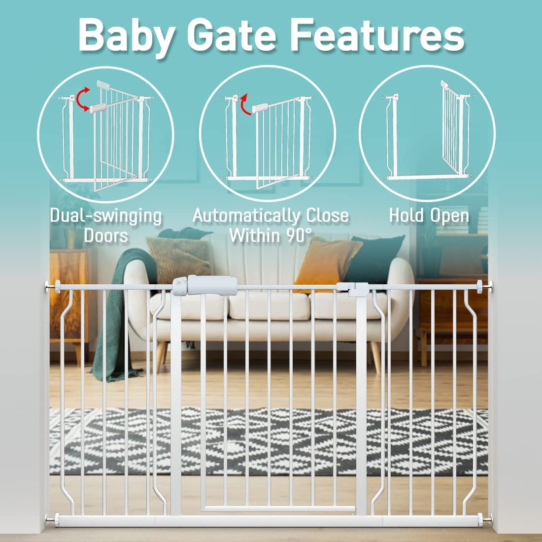 WAOWAO Baby Gate 71.65-85.03" Extra Wide Pressure Mounted Walk Through Swing Auto Close Safety Metal Black Toddler Kids Child Dog Pet Puppy for Stairs,Doorways,Kitchen
