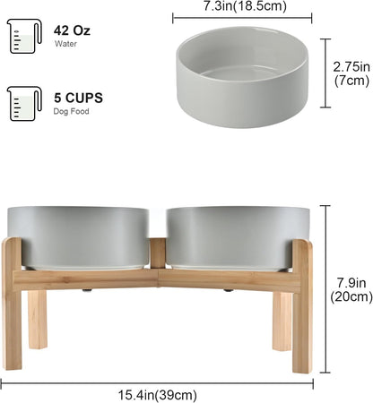 SPUNKYJUNKY Elevated Dog Bowls Ceramic, 6.1'' Dogs and Cat Food Water Bowls Raised with Non-Slip Bamboo Stand for Medium Sized Breed Microwave Dishwasher Safe - 28.7 OZ,Beige