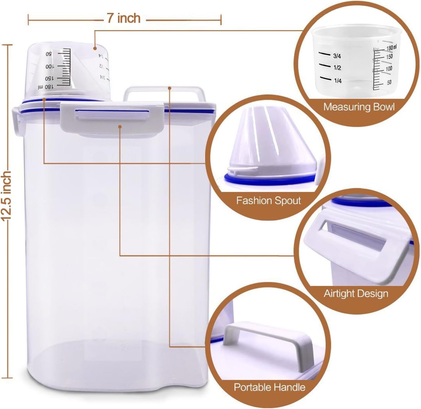 TIOVERY Dog Food Storage Container, 5-7 Lbs Airtight Pet Food Container, Cat Food Container Dispenser Plastic Bin with Pouring Spout, Portable Handle and a Collapsible bowl for Dogs Cats Grey/6Qt