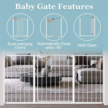 WAOWAO Triple Lock 49.21-66.54" Baby Gate Extra Wide Pressure Mounted Walk Through Swing Auto Close Safety Black Metal Dog Pet Puppy for Stairs,Doorways,Kitchen