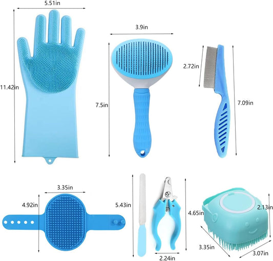 8PCS Dog Bath Supplies Set，Dog Washing Gloves，Shampoo Brush, Shedding Slicker Brush，Complete Pet Grooming Kit for Dog&Cat and Small Animal Grooming(8PCS-Bath-Pink)