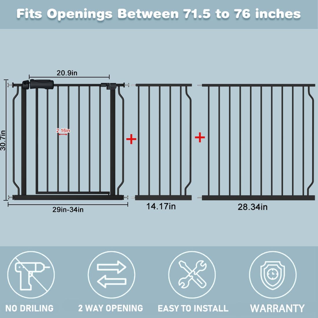 Extra Wide Baby Gate 57.5-62 Inch Black Walk THR Dog Gates Doorways House No Drill Pressure Mounted Auto Close Long Child Safety Gate for Kids and Pet