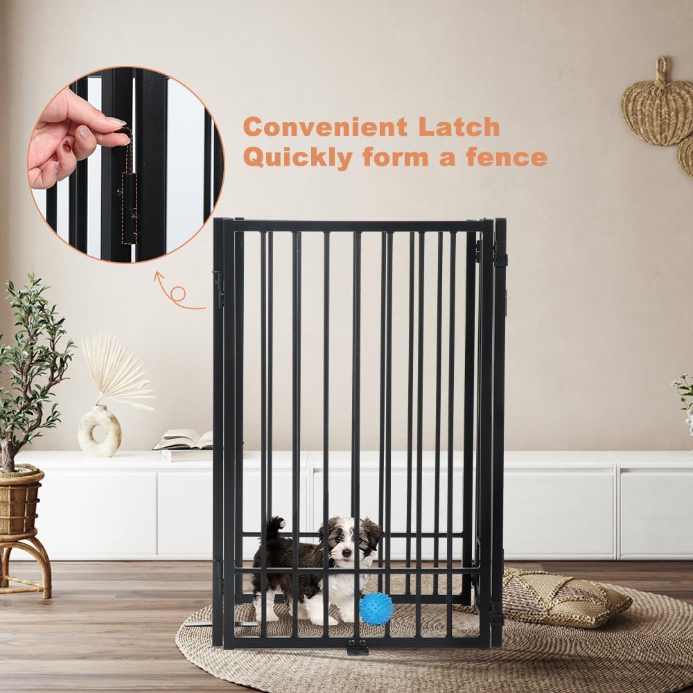 SMONTER Freestanding Dog Gate with Door Walk Through, 80.5'' Extra Wide Indoor Dog Fence, 31.5'' Height 4 Panels Foldable Metal Pet Puppy Gate for Stairs, Hallways, Doorway