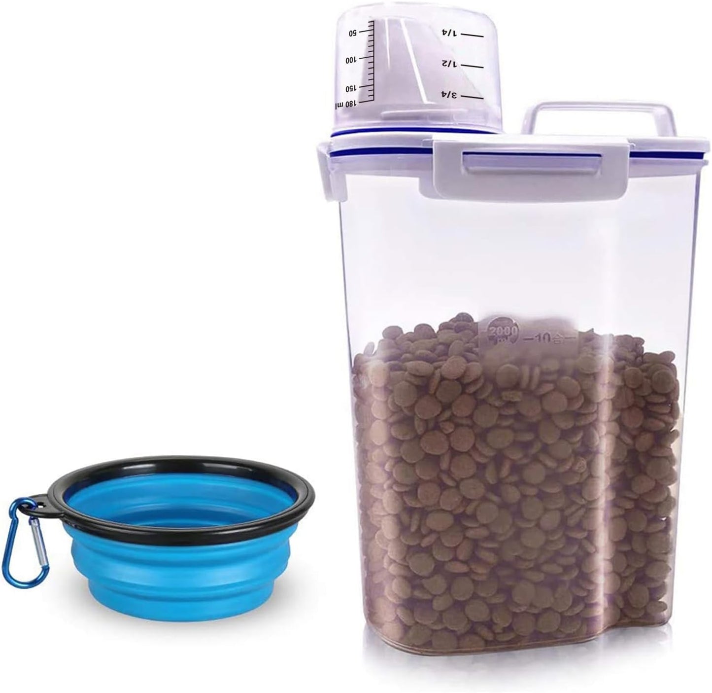 TIOVERY Dog Food Storage Container, 5-7 Lbs Airtight Pet Food Container, Cat Food Container Dispenser Plastic Bin with Pouring Spout, Portable Handle and a Collapsible bowl for Dogs Cats Grey/6Qt