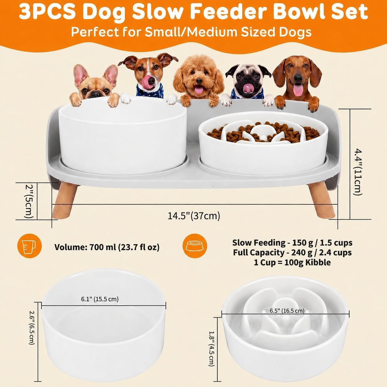 Elevated Slow Feeder Dog Bowls - Ceramic Food and Water Bowl Set with Stand - Raised Pet Dishes for Small and Medium Sized Dogs