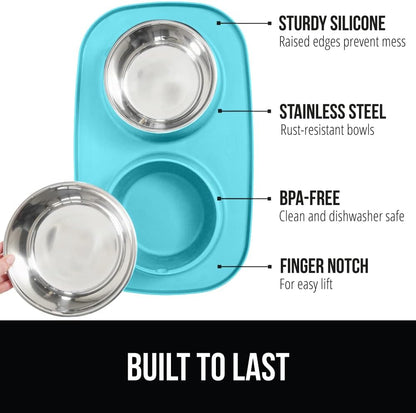 GORILLA GRIP Feeding Mat Set, Patent Pending 100% Waterproof BPA Free Silicone, Stainless Steel Cat and Dog Bowls, Slip Resistant, 1 Black mat/tray with 2 stainless steel bowls