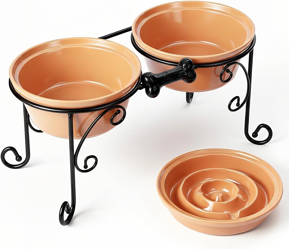 Elevated Dog Bowl Stand with 3 Large Ceramic Bowls – Raised Feeding Station for Medium & Large Dogs, Includes 2 Standard Bowls + 1 Slow Feeder, Durable Iron Frame, Non-Slip (White)