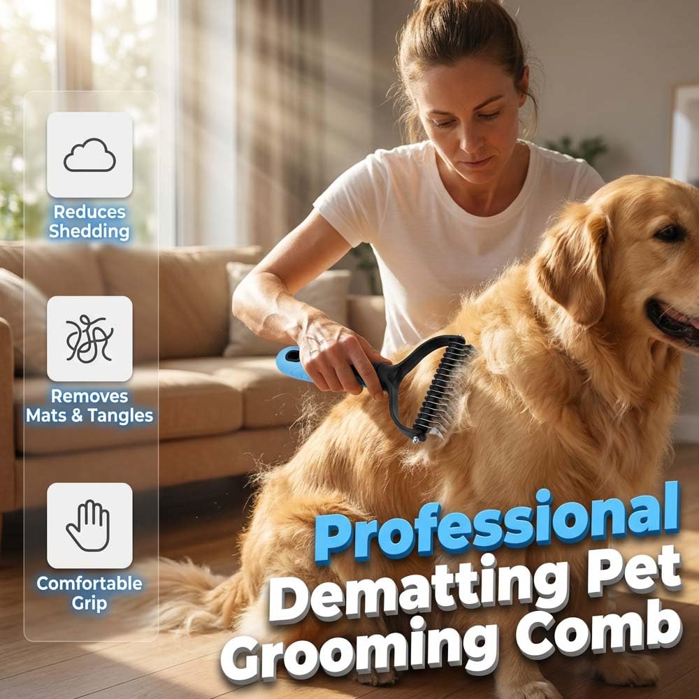 Pet Pro Grooming Tool, Pet Grooming Rake Double Sided Shedding Deshedding Brush for Dogs Cats, Undercoat Rake Dematting Comb for Long Haired Pets with Stainless Steel Teeth