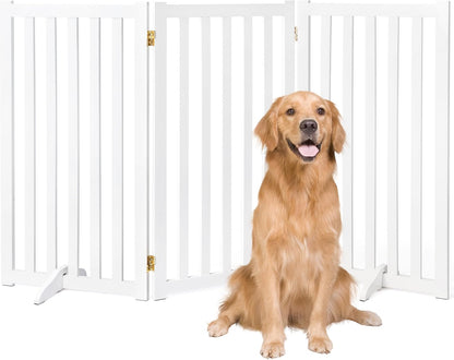 36" Height Extra Tall Freestanding Pet Gate, Solid Wood Folding Safety Fence Wooden Dog Gate with 2 PCs Support Feet Ideal for Stairs, Doorways, Halls, Kitchens, Heavy Duty Gates, 3 Panels, Oak