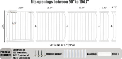 24-29 Inch Narrow Baby Gate, Pressure Mounted No Drilling Dog Gate for Stairs & Doorways, White Metal Safety Gate Indoor for Kids and Pets