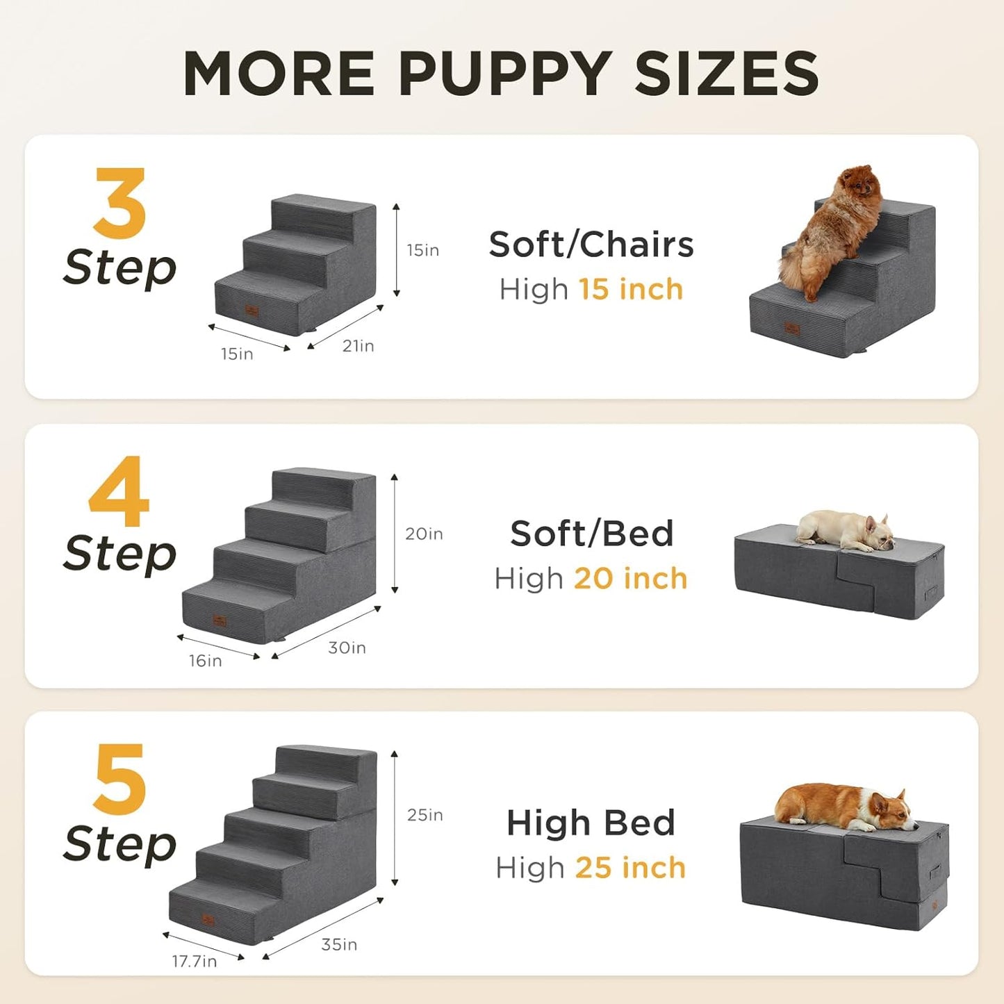 Joydeco Dog Stairs for Bed 15" H, 3-Step Pet Steps for Small Dogs and Cats, Dog Steps for High Bed, Non-Slip Balanced Ramp Indoor Pet Stairs, Beige