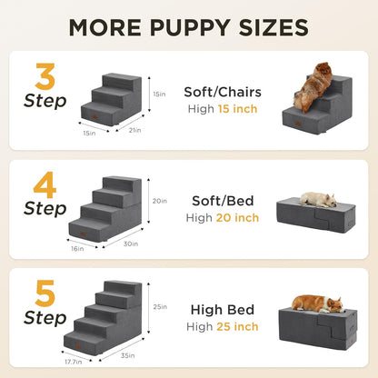 Joydeco Dog Stairs for Bed 15" H, 3-Step Pet Steps for Small Dogs and Cats, Dog Steps for High Bed, Non-Slip Balanced Ramp Indoor Pet Stairs, Beige
