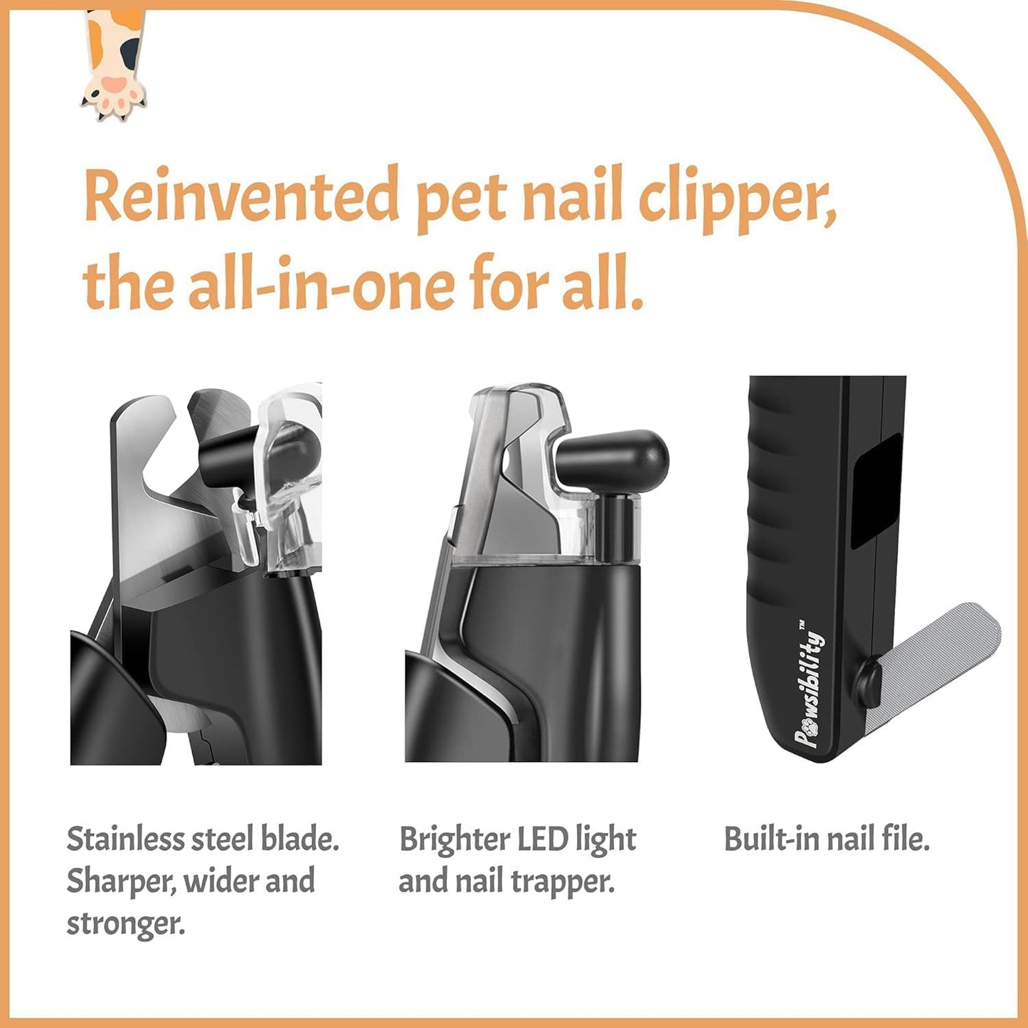 Pawsibility Pet Nail Clipper PRO 2026 - Quick-Vision LED Light | 2-Stage Adjustable Professional-Grade Blade | Adjustable Magnifier Safety Guard - for Cats, Small, Medium and Large Dogs - Brown