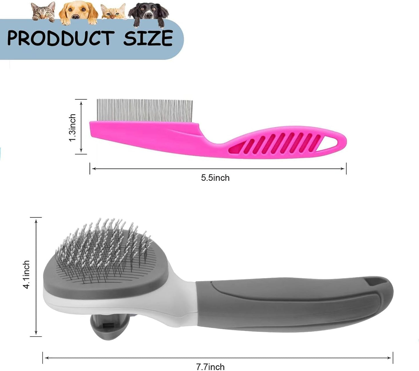 Cat Brushes for Indoor Cats, Dog Brush for Shedding with Metal Cat Comb, Self Cleaning Pet Hair Brush with Release Button for Grooming Kitten(Pink)