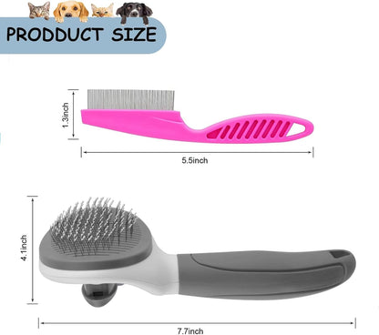 Cat Brushes for Indoor Cats, Dog Brush for Shedding with Metal Cat Comb, Self Cleaning Pet Hair Brush with Release Button for Grooming Kitten(Pink)