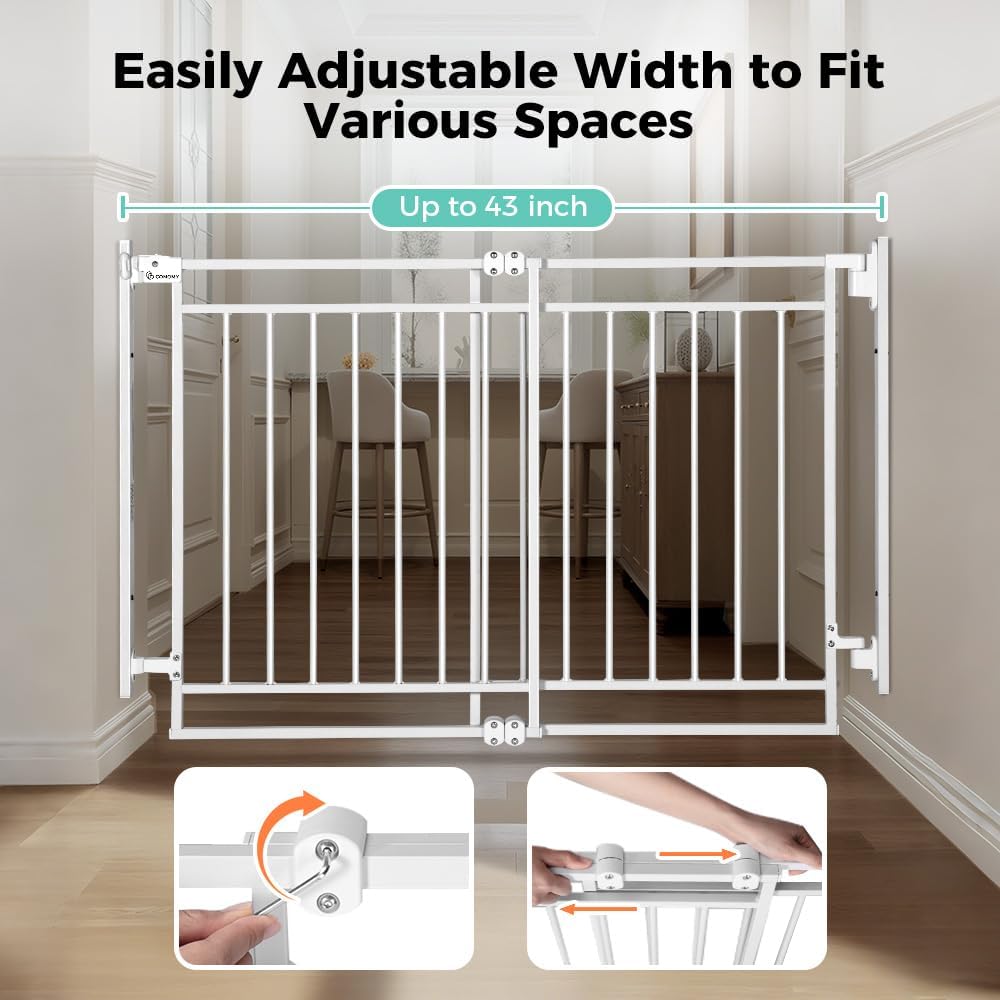COMOMY 27.5-43" Baby Gate No Bottom Bar for Stairs and Doorways, 2-in-1 Auto Close Dog Gate Indoor for the House, Hardware Mounted Pet Gate with Large Walk Thru Door, Child Safety Gate for Dogs, Black