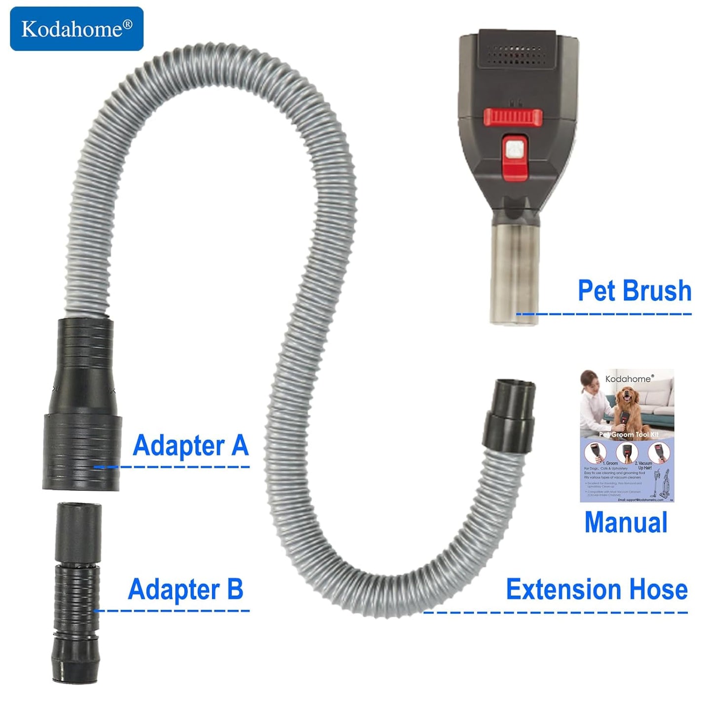 Dog Brush Vacuum Attachment with 1"-1.75" Universal Adapters for Vacuum Cleaners, Pet Hair Shedding Grooming Tool Kit with Long Extension Hose