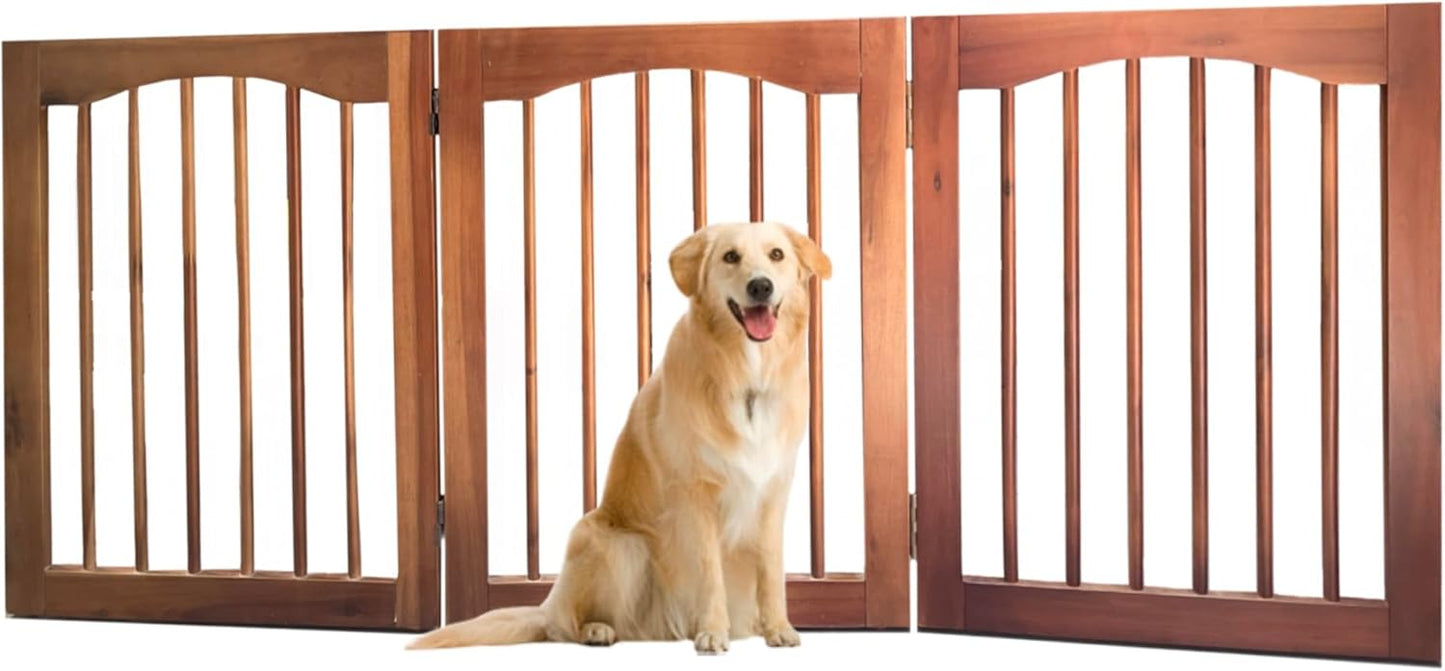 Tabago 4-Panel Foldable Freestanding Wooden Pet Gate 24"x20" – Expands up to 80", White & Natural Dog Gate for Small Pets, Stylish Indoor Barrier for Doorways & Hallways (Brown, 24" H x 80" W)