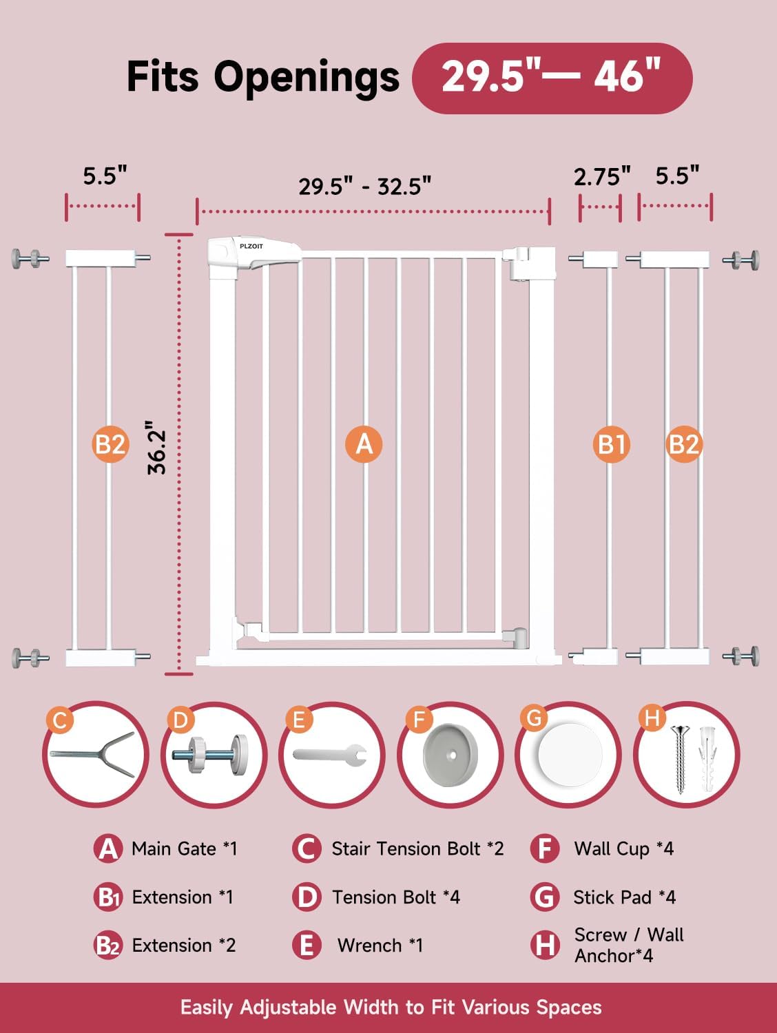 29.5-40.5" Baby Gate for Stairs, Dog Gate for Doorways, Walk Thru Auto Close Metal Baby Safety Gate for The House, Stairs and Doorways, Child Gate Pressure Mounted, Pet Gate for Dog Indoor - Black