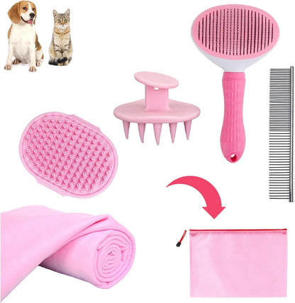 Dog Brush Grooming Kit 5PCS - Dog Brush for Shedding,Puppy Brush and Flea Comb for Dogs, Slicker Brush Comb and Dog Hair Brush Set Blue, Grooming at Home or Travel