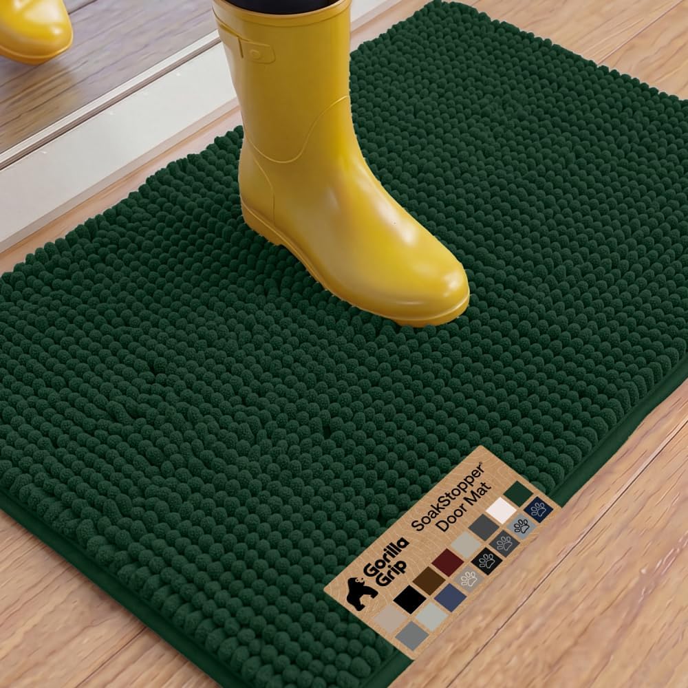 GORILLA GRIP SoakSTOPPER Dog Door Mat, 30x20 Machine Washable Rug Absorbent Doormat Captures Moisture Mud Dirt, Quick Dry Soft Chenille Entryway Rugs Indoor Entrance Mats for Dog Paws, Paw Grey
