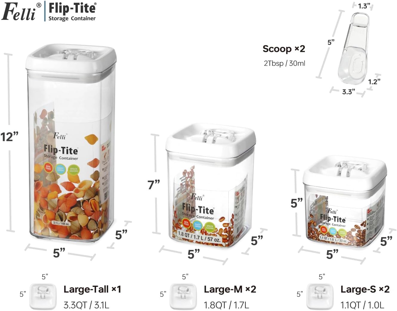 Felli Flip Tite Pet Food Container with Airtight Lids, BPA FREE Acrylic Canister with Paw Bone Fish Flip Top Handles for Cat Dog Kibble Treats Storage, Keep Fresh (Pet Collection Nest-L3pk)
