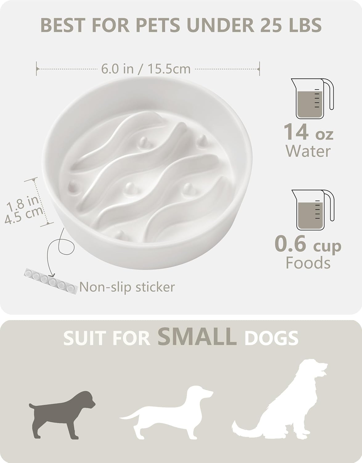Ceramic Slow Feeder Dog Bowls for Medium and Large Dogs, 2.0 Cups Dog Slow Feeder for Fast Eater, 30oz, 8in, White