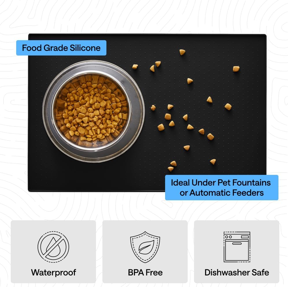 GORILLA GRIP 100% Waterproof Raised Edge BPA Free Silicone Pet Feeding Mat, Dog Cat Food Mats Contain Spills Protects Floors, Placemats for Cats and Dogs Water Bowl, 18.5x11.5, Gray