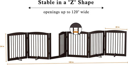PUPETPO Freestanding Dog Gate with Door, Pet Gate for Stairs, 80 inch Wide Pet Barrier Indoor, Dog Fences Indoor, Support Feet Included, 4 Panels, 24" Tall, Dark Brown