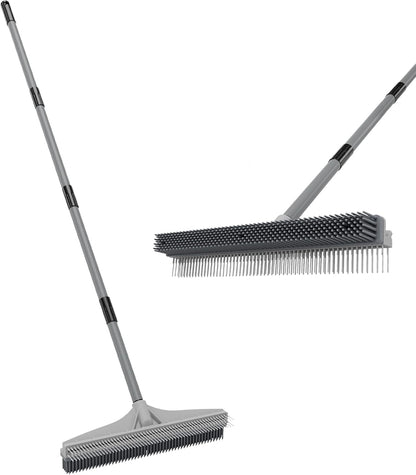 Walensee Carpet Rake for Pet Hair Removal, 2 in 1 Rug Rake to Fluff Carpet with Nylon Groomer Brush, Adjustable Long Handle for Shag Rugs, Stairs, Mats and Floors, Rubber Broom