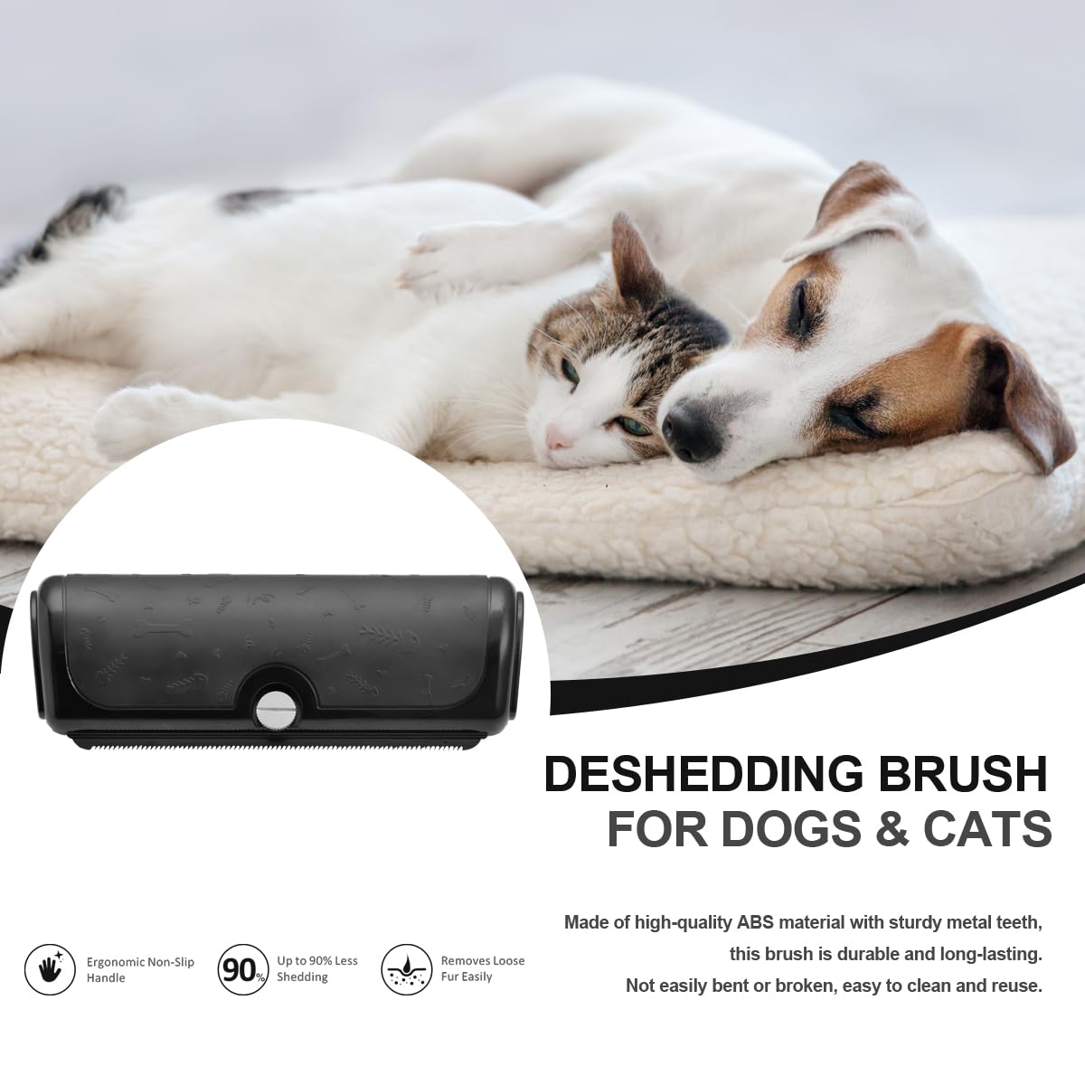 Dog & Cat Deshedding Brush, Undercoat Grooming Tool for Short to Medium and Double Coats, Detachable Metal Shedding Blade, Ergonomic Non-Slip Handle, Black