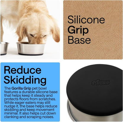 GORILLA GRIP Dog Bowls, Food Grade 304 Stainless Steel, Holds 2 Cups Each (16 fl oz) Food and Water Bowl for Feeding Dogs and Cats, Dishwasher Safe, Rust Resistant, BPA Free Rubber Base Set of 2 Black