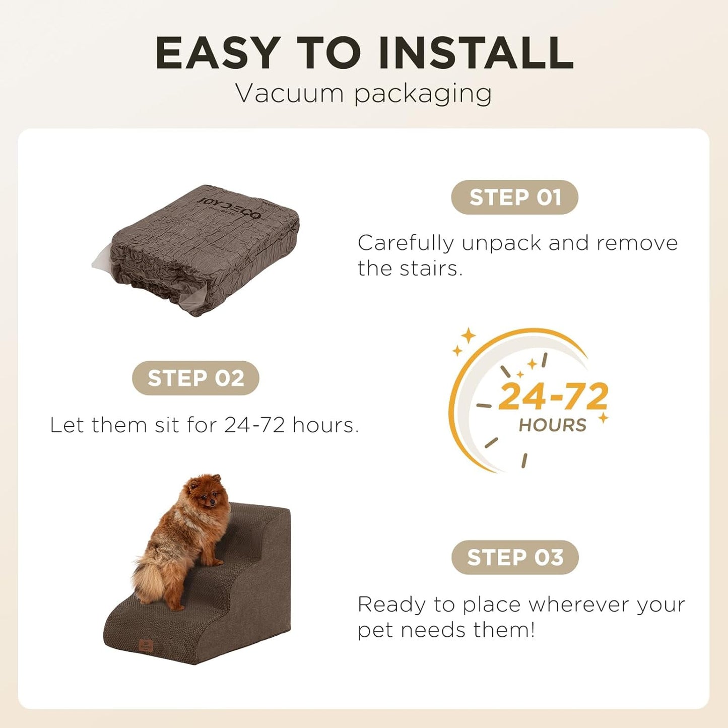 Joydeco Dog Stairs for Bed 17.1" H, 3-Step Pet Steps for Small Dogs and Cats, Dog Steps for High Bed, Non-Slip Balanced Ramp Indoor Pet Stairs, Beige